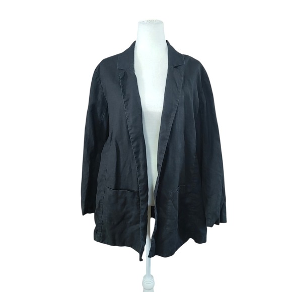 Eileen Fisher Black 100% Organic Linen Open Front Blazer Jacket Lagenlook XL - Picture 2 of 11